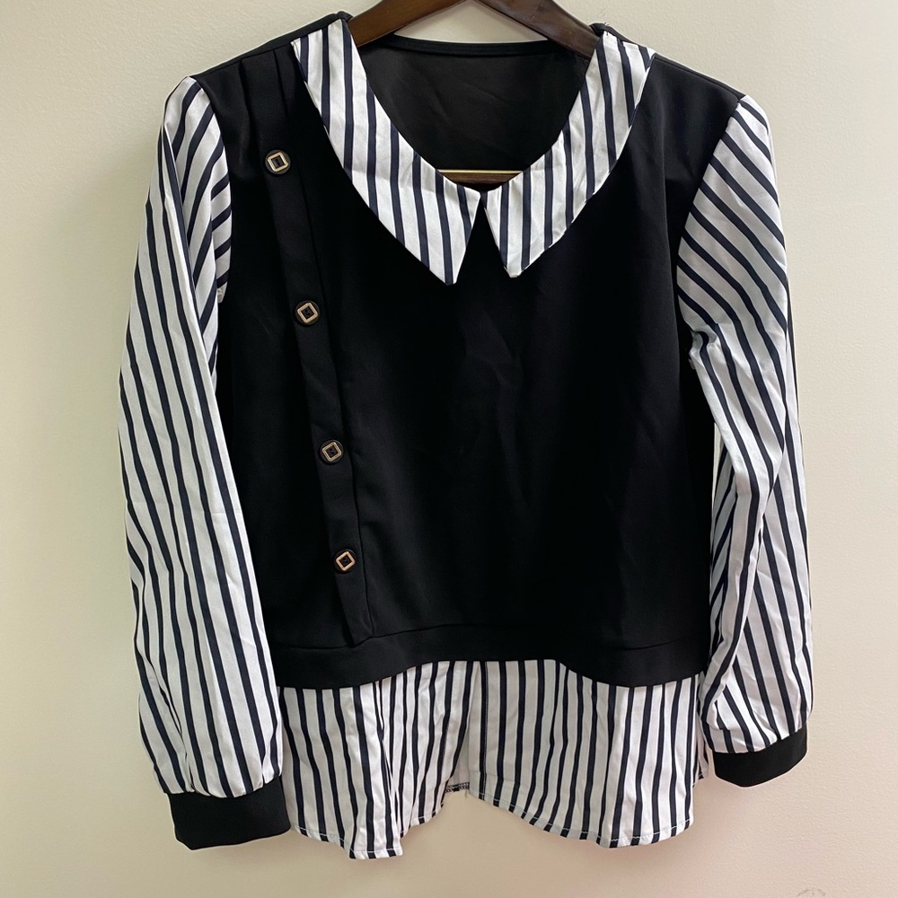 NWOT Black Layered Look Blouse with Striped Collar & Sleeves